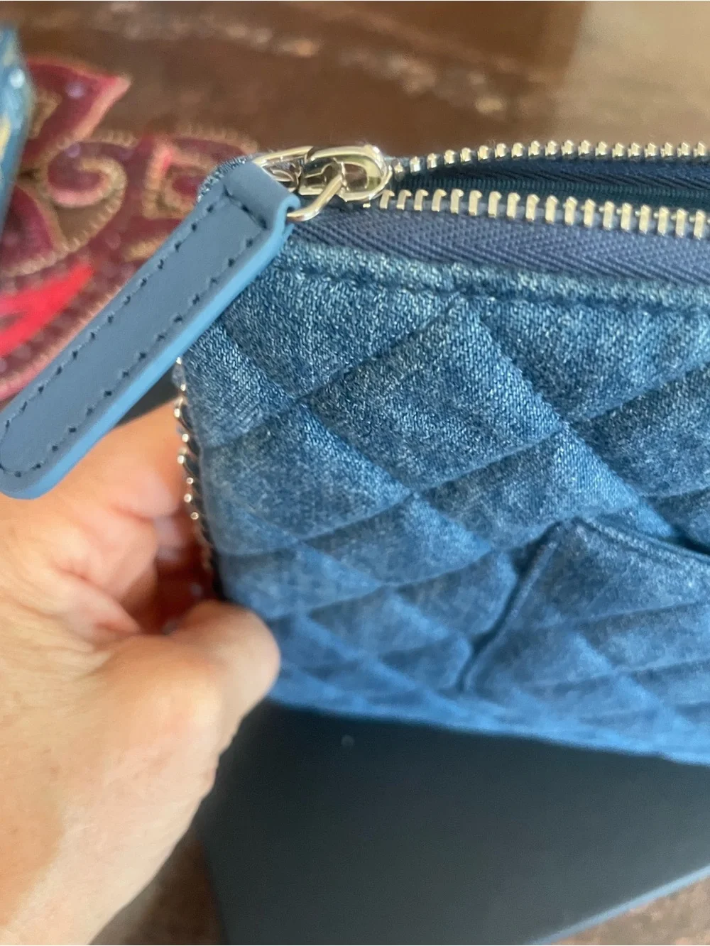 NWT authentic CHANEL Blue Quilted Denim Chain Pouch clutch Silver chain trim  CC
